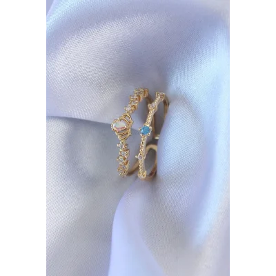 BUĞZ Gold Renk Zirkon Taşlı Taç Figür Pirinç Kadın Yüzük