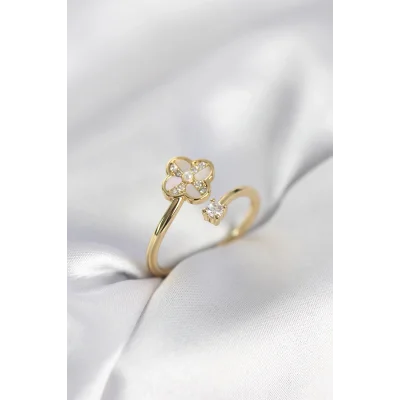 BUĞZ Gold Renk Zirkon Taşlı Yonca Model Kadın Yüzük