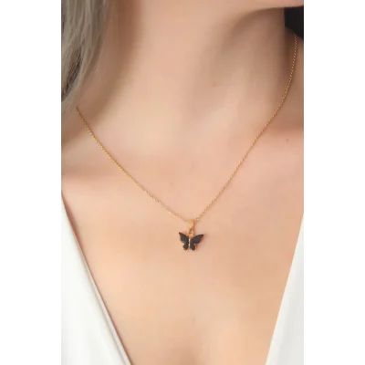 BUĞZ Gold Siyah Renk Kelebek Figür Kadın Kolye