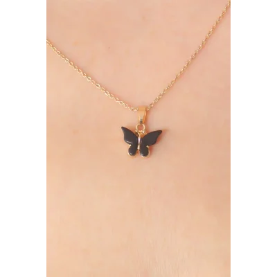 BUĞZ Gold Siyah Renk Kelebek Figür Kadın Kolye - BUĞZ
