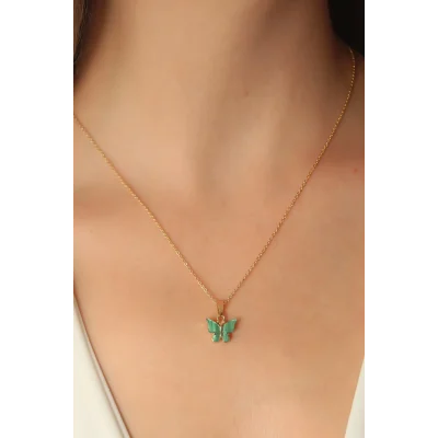 BUĞZ Gold Yeşil Renk Kelebek Figür Kadın Kolye