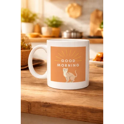 BUĞZ Good Morning Kedi Desenli Porselen Kupa MODEL 72 – Sevimli Kedi Figürlü, Kahve & Çay Kupası, Hediyelik Porselen Bardak