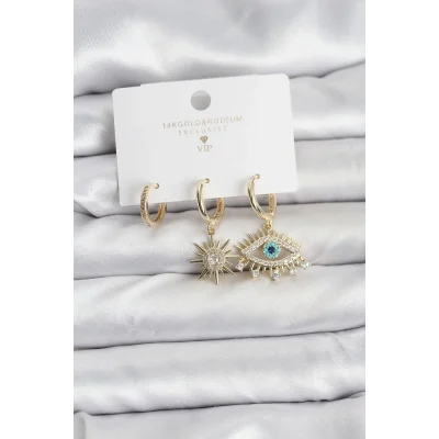 BUĞZ Göz Model Gold Renk Pirinç 3lü Kadın Küpe Seti