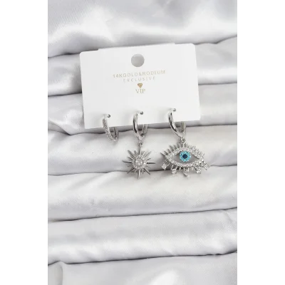 BUĞZ Göz Model Gümüş Renk Pirinç 3lü Kadın Küpe Seti