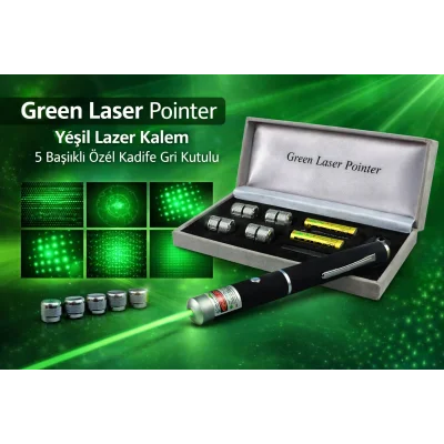 BUĞZ Green Laser Pointer  Kalem 5 Başlıklı Özel Kadife Gri Kutulu
