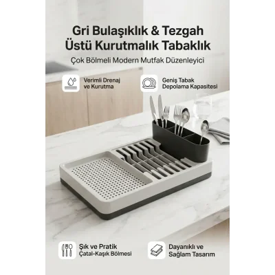 BUĞZ Gri Bulaşıklık Tabaklık Bardaklık Kaşıklık Tezgah Üstü Mutfak Organizeri Standı