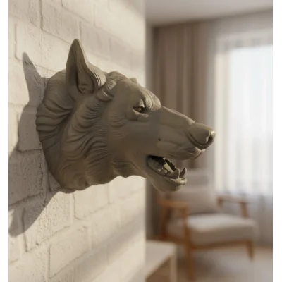 BUĞZ Gri Kurt Duvar Biblosu Güçlü Detaylı Dekoratif Tasarım 25x19 cm