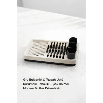 BUĞZ Gri Mutfak Bulaşıklığı Tezgah Üstü Tabaklık Bardaklık Kaşıklık Kurutma Standı