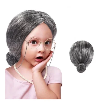  Gri Renk Yaşlı Peruğu Takma Saç Büyükanne Peruğu Yetişkin Çocuk Uyumlu