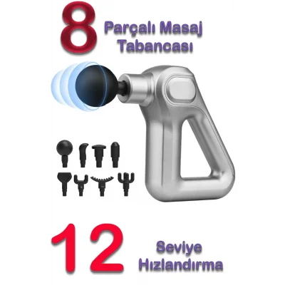 BUĞZ Gri renkli 8 başlıklı 12 seviyeli hız kademeli spor sonrası titreşimli masaj tabancası