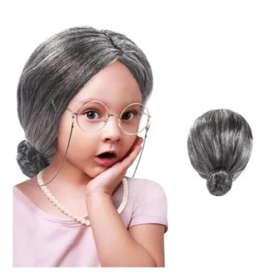  Gri Yaşlı Peruğu çocuk yetişkin uyumlu