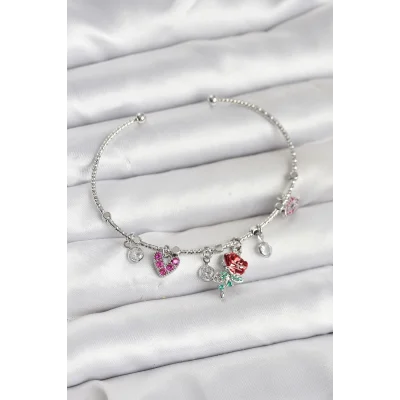 BUĞZ Gül Charmlı Gümüş Renk Pirinç Kadın Bileklik