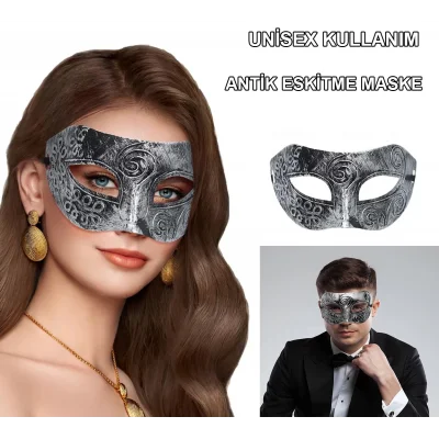  Gümüş Eskitme Yüz Maskesi - Antik Tarz Balo Maskesi