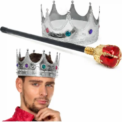 BUĞZ Gümüş Kral Tacı Kraliyet Tacı 60 cm ve Kırmızı Topuzlu Kral Asası Seti