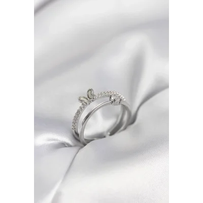 BUĞZ Gümüş Renk 2li Zirkon Taşlı Kelebek Model Kadın Yüzük