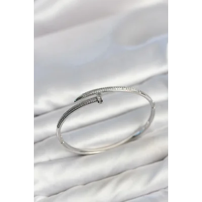 BUĞZ Gümüş Renk Çivi Model Zirkon Taşlı Kadın Kelepçe Bileklik