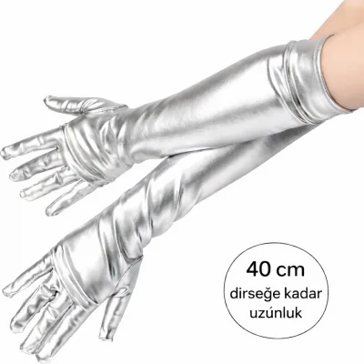 BUĞZ Gümüş Renk Dirsek Altı Lüks Saten Eldiven 40 Cm