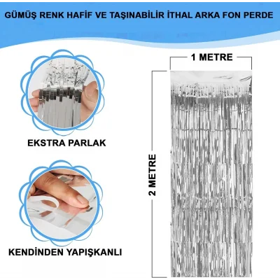 BUĞZ Gümüş Renk Ekstra Metalize Parlak Saçaklı Arka Fon Perde İthal A Kalite 1x2 Metre