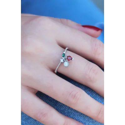 BUĞZ Gümüş Renk Kiraz Model Zirkon Taşlı Kadın Yüzük