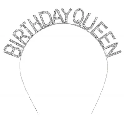  Gümüş Renk Kristal Taşlı Parlak Birthday Queen Yazılı Kraliçe Taç 16x17 cm