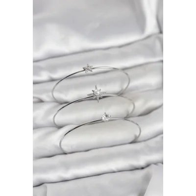 BUĞZ Gümüş Renk Kutup Yıldızı Model Zirkon Taşlı 3lü Kadın Bileklik Kombini
