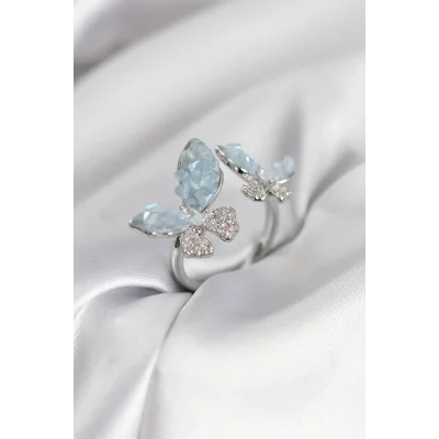 BUĞZ Gümüş Renk Mavi Kelebek Model Zirkon Taşlı Kadın Yüzük