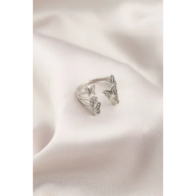 BUĞZ Gümüş Renk Metal Kelebek Model Kadın Yüzük