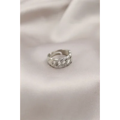 BUĞZ Gümüş Renk Metal Zincir Model Taşlı Kadın Yüzük