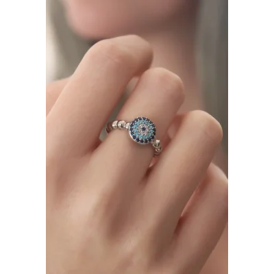 BUĞZ Gümüş Renk Nazar Boncuk Figür Zirkon Taş Detay Kadın Yüzük