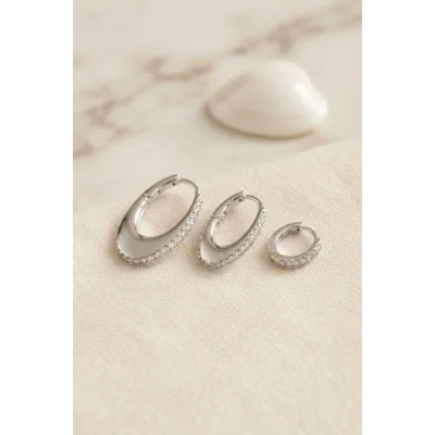 BUĞZ Gümüş Renk Oval Halka Model Zirkon Taşlı 3 lü Küpe Set