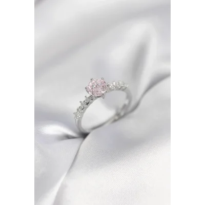 BUĞZ Gümüş Renk Pembe Tek Taş Model Zirkon Taşlı Kadın Yüzük