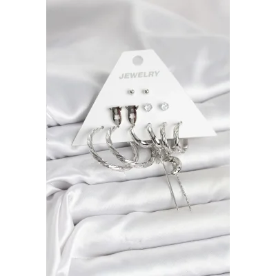 BUĞZ Gümüş Renk Pirinç 6lı Kadın Küpe Seti