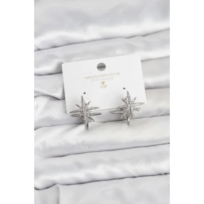 BUĞZ Gümüş Renk Pirinç Çift Taraflı Kutup Yıldızı Kadın Küpe