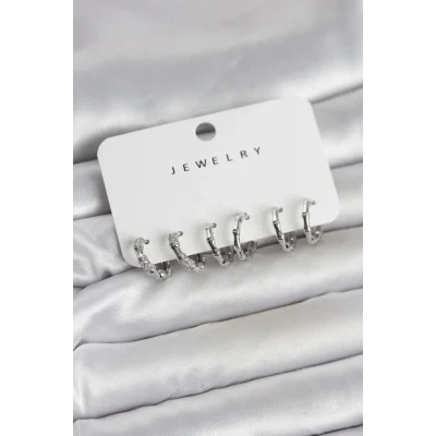 BUĞZ Gümüş Renk Pirinç Kemik Model 3 Çift Kadın Küpe Seti