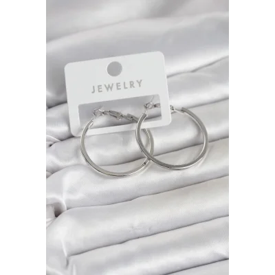 BUĞZ Gümüş Renk Pirinç Köşeli Kenar Halka 32 mm Kadın Küpe