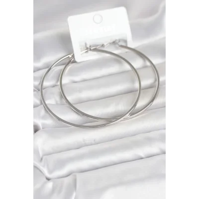 BUĞZ Gümüş Renk Pirinç Köşeli Kenar Halka 72 mm Kadın Küpe