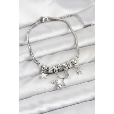 BUĞZ Gümüş Renk Pirinç Yıldız Model Charmlı Kadın Bileklik