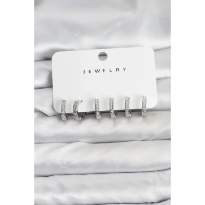 BUĞZ Gümüş Renk Pirinç Zirkon Taşlı Halka Kadın Küpe Seti