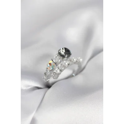 BUĞZ Gümüş Renk Pirinç Zirkon Taşlı İncili Kadın Yüzük