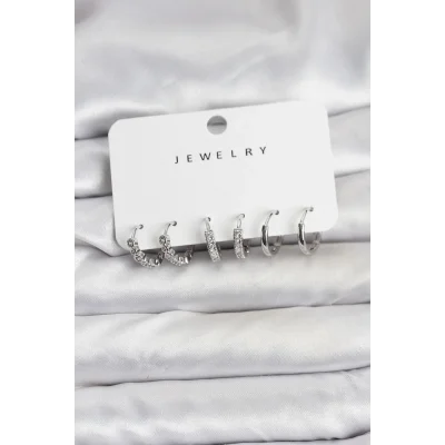 BUĞZ Gümüş Renk Pirinç Zirkon Taşlı Kadın Küpe Seti