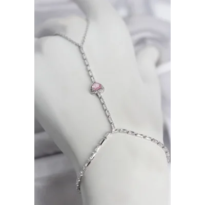 BUĞZ Gümüş Renk Pirinç Zirkon Taşlı Pembe Kalp Model Şahmeran