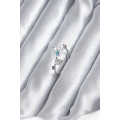 BUĞZ Gümüş Renk Renkli Zirkon Taşlı Kadın Yüzük