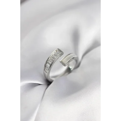 BUĞZ Gümüş Renk Sedefli Baget Zirkon Taşlı Kadın Yüzük