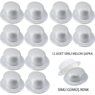 BUĞZ Gümüş Renk Simli Melon Yuvarlak Parti Şapkası 12 Adet
