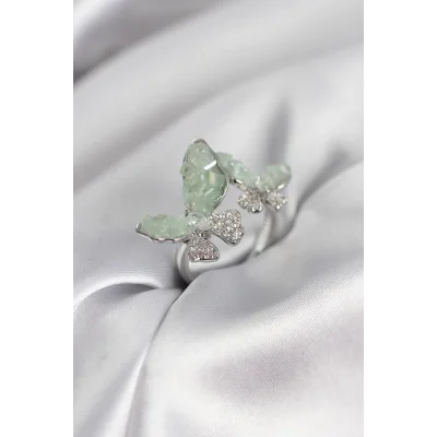 BUĞZ Gümüş Renk Su Yeşili Kelebek Model Zirkon Taşlı Kadın Yüzük