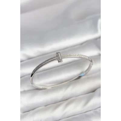 BUĞZ Gümüş Renk T Model Zirkon Taşlı Kadın Kelepçe Bileklik