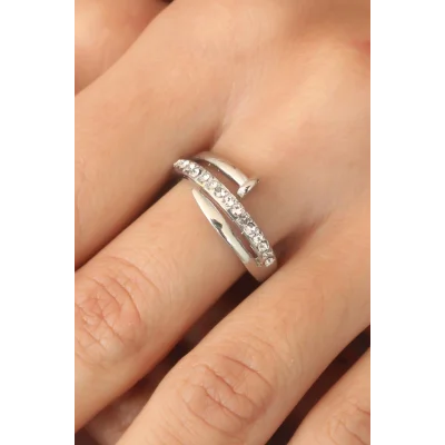 BUĞZ Gümüş Renk Taşlı Çivi Ayarlanabilir Kadın Yüzük