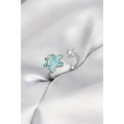 BUĞZ Gümüş Renk Turkuaz Yıldız Model Kadın Yüzük