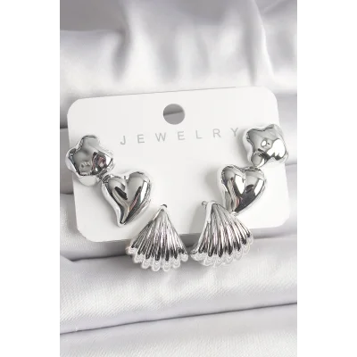 BUĞZ Gümüş Renk Yonca Kalp Deniz Kabuğu Figür CCB Kadın Küpe Seti