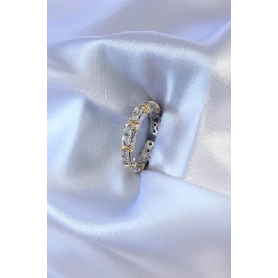 BUĞZ Gümüş Renk Zirkon Taşlı Gold Renk Detay Xoxo Kadın Yüzük